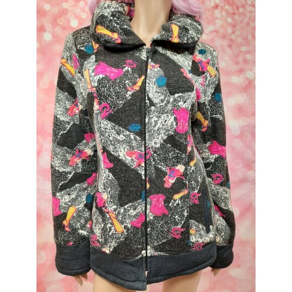 Vintage 80s 90s Pin Up Girl Print Jacket Coat Size M Charcoal Pink Simon Chang - Picture 2 of 12
